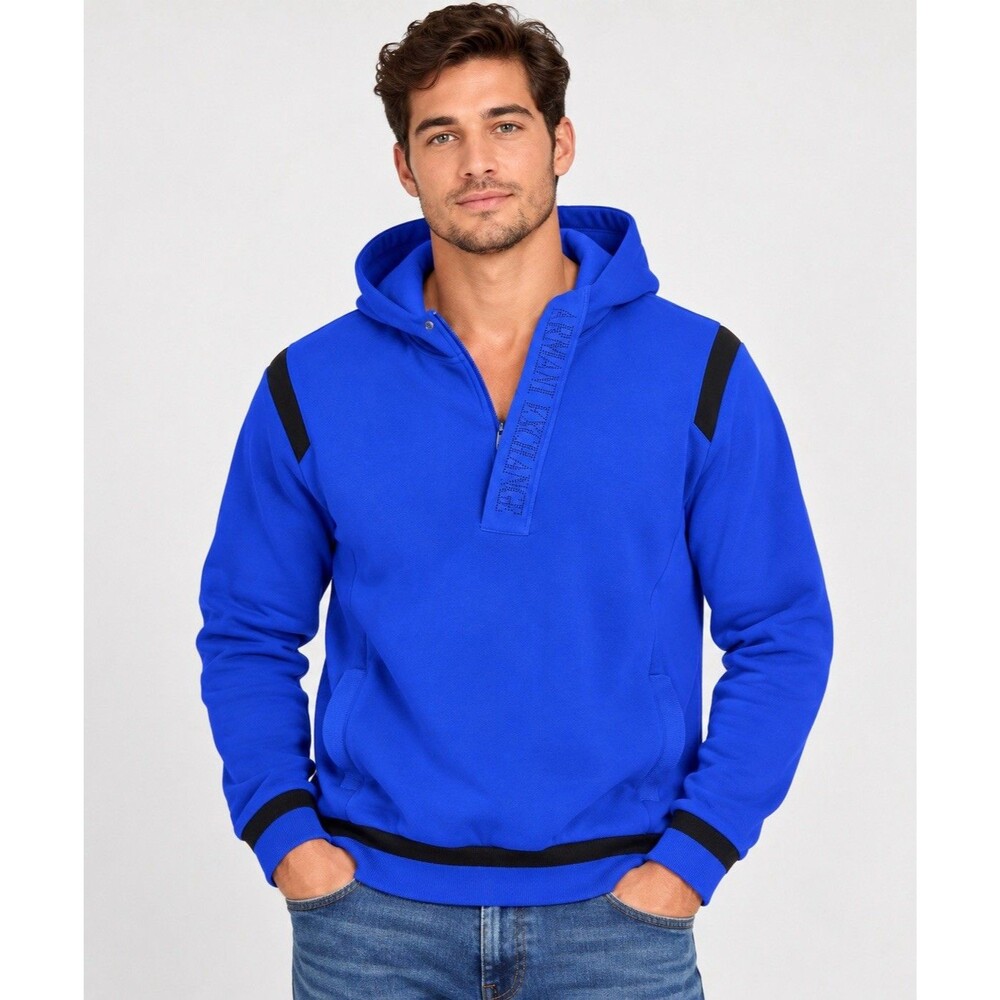 Armani Exchange A|X Men’s XXL Blue Black Hooded Pullover 1/4 Zip Hoodie